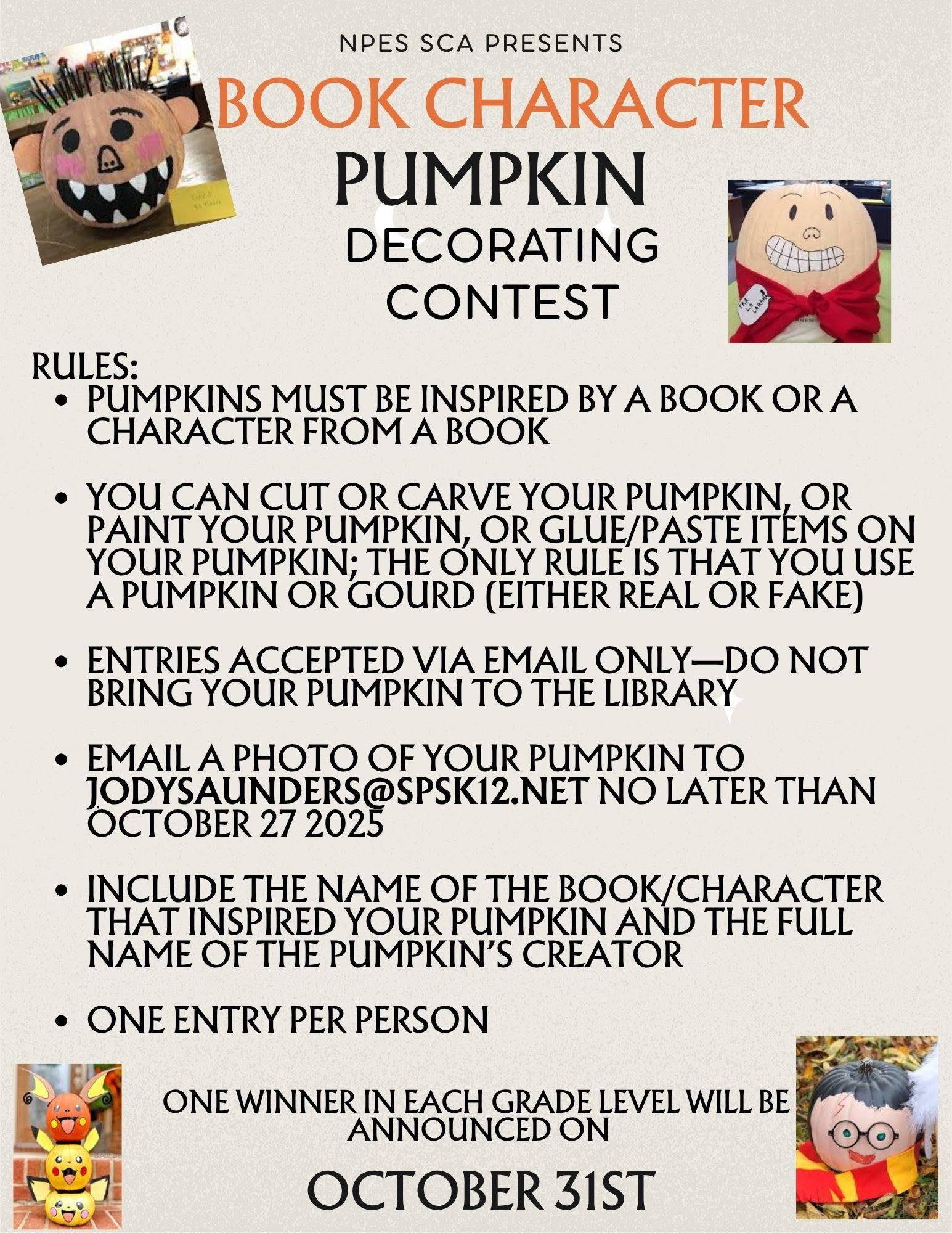  Book Character Pumpkin Contest